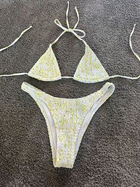 SHEIN White and Yellow Smocked Triangle Bikini Set